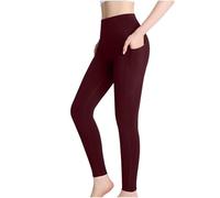 Leggings con tasche da donna a vita alta, leggings da palestra da donna, pantaloni da yoga a vita alta, pantaloni da yoga a vita alta, pantaloni sportivi elastici casual, vino, S
