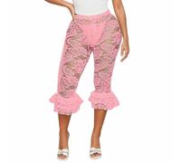Leggings corti da donna in pizzo sexy trasparente a 3/4, pantaloni Capri estivi a tre quarti, pantaloni da spiaggia con elastico in vita alta, elasticizzati, a rete, all'uncinetto, O rosa., S