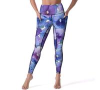 Leggings da donna blu viola del pensiero pantaloni da yoga a vita alta con tasche per allenamento in corsa, Stile:, L