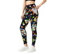 Leggings da donna con stampa a forma di cuore per la consapevolezza dell'autismo, set da allenamento con tasche, per palestra, fitness e uso quotidiano, Nero , XXL