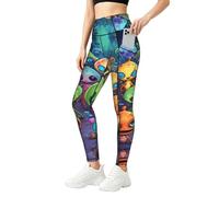Leggings da donna con stampa astronauta e alieno, set da allenamento con tasche, perfetti per palestra e uso quotidiano, Nero , M