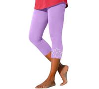 Leggings da donna estivi a 3/4, elasticizzati, a vita alta, sottili, in tinta unita, traspiranti, elasticizzati, per yoga, attività all'aperto, opachi, per corsa, spiaggia, S-3Xl, Lilla, XL