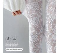 Leggings da donna in jacquard floreale bianco traforato, calze velate aderenti sexy, collant elastici e dolci per ragazze hot L,Tagli UnicaPiantePoliammide