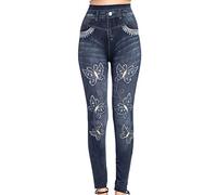 Leggings da donna Jeggings a farfalla con stampa denim Jeans elasticizzati Jeans attillati da donna Jeggings a vita alta con tasche Pantaloni jeans Donna Jeans skinny azzurri Pantaloni a vita alta