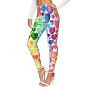 Leggings elasticizzati delle donne della stampa dei cuori dell'arcobaleno, allenamento non trasparente, Nero , XXL