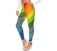 Leggings elasticizzati delle donne della stampa della striscia di colore dell'arcobaleno, non vedono attraverso l'allenamento, Nero , 4XL