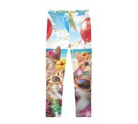 Leggings elasticizzati per ragazze, con gatti sorridenti | Leggings a lunghezza intera per bambini in tessuto traspirante, vita elasticizzata, senza cuciture laterali