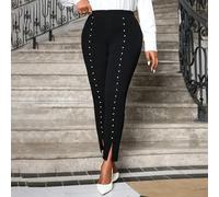 Leggings eleganti lunghi e spaccati in maglia nera con perline, per l'autunno e l'inverno, abbigliamento professionale da donna, leggings in vita alta di taglia grande 0XL,1XL,2XL,3XL,4XLColore unico,