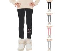 Leggings invernali foderati in pile elasticizzato tinta unita pantaloni caldi e morbidi collant per bambini carino coniglietto stampato pantaloni a lunghezza intera collant termici, Nero , 3-4 Anni