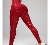Leggings sportivi rossi con design a vita alta, controllo della pancia e sollevamento dei glutei, effetto modellante in vita e sollevamento dei glutei, con finitura metallica alla moda L,M,S,XLStampa 