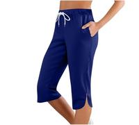 Leggings Yoga Donna Taglia Media-Pantaloni Donna Estate Leggero 3/4 Shorty Cotone Coulisse Pantaloni Slim Fit Tessuto Ginocchio Pantaloni Pantaloni Pantaloni Casual Sudation Yoga Pantaloni, blu, L
