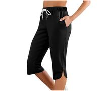 Leggings Yoga Donna Taglia Media-Pantaloni Donna Estate Leggero 3/4 Shorty Cotone Coulisse Pantaloni Slim Fit Tessuto Ginocchio Pantaloni Pantaloni Pantaloni Casual Sudation Yoga Pantaloni, Nero , XXL