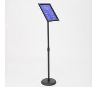 Leggio espositore da terra A4 in metallo nero, telescopico regolabile 80-130 cm, cornice orientabile a scatto