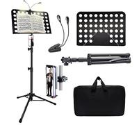 Leggio per spartiti con luce e supporto per telefono, leggio per spartiti da 144,8 cm, ad alta stabilità, regolabile in altezza, con borsa per il trasporto, supporto portatile per libri musicali
