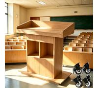 Leggio portatile in legno con altezza regolabile, ruote bloccabili, supporto mobile per pulpito, vano portaoggetti per chiese, mobili da ricevimento con finitura naturale