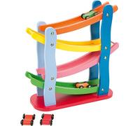 7558 Pista macchinine colorata small foot, pista per macchinine in legno a cascata, a quattro livelli e con quattro vetture in legno, a partire da 3 anni di età
