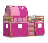 Legno di pino massello con sponde di sicurezza Marrone chiaro e rosa 80x200 | Letto a Castello con Tenda Rosa 80x200 cm Legno Pino Massello con Sponde di Sicurezza e Scala per Bambini Camera da Letto