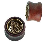Legno Tunnel Ganesha anteriore fiore di loto in ottone Inlay antico oro tribale plug Expander, Legno