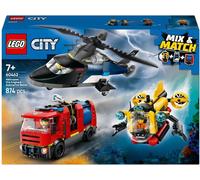 Lego city 60462 3in1 elicottero, autopompa e sottomarino - giocattolo combinabile con 3 minifigure, giochi per bambini 7+