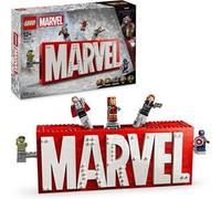 Lego 76313 logo e minifigure marvel con supereroi di hulk, thor, iron man, black widow e captain america, giochi bambini 12+