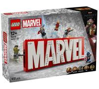 Lego 76313 logo e minifigure marvel con supereroi di hulk, thor, iron man, black widow e captain america, giochi bambini 12+