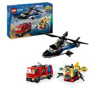 Lego city 60462 3in1 elicottero, autopompa e sottomarino - giocattolo combinabile con 3 minifigure, giochi per bambini 7+