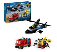 Lego city 60462 3in1 elicottero, autopompa e sottomarino - giocattolo combinabile con 3 minifigure, giochi per bambini 7+