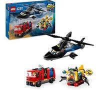 Lego city 60462 3in1 elicottero, autopompa e sottomarino - giocattolo combinabile con 3 minifigure, giochi per bambini 7+