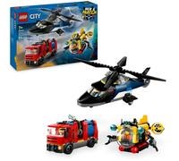 Lego city 60462 3in1 elicottero, autopompa e sottomarino - giocattolo combinabile con 3 minifigure, giochi per bambini 7+