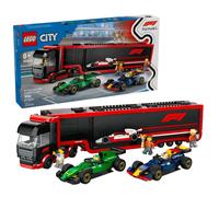 Lego city 60445 autotrasportatore f1 con monoposto rb20 e amr24 f1 - camion giocattolo con 2 modelli di auto e 5 minifigure