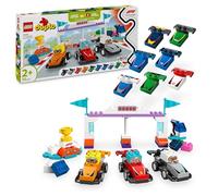 LEGO DUPLO Auto da corsa e piloti Team F1 10445 | Giochi per bambine e bambini da 2 anni, 10 macchine giocattolo, gru, podio, sviluppo motricità fine, idea regalo, 70 pezzi