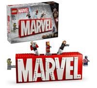 Lego 76313 logo e minifigure marvel con supereroi di hulk, thor, iron man, black widow e captain america, giochi bambini 12+