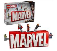 Lego 76313 logo e minifigure marvel con supereroi di hulk, thor, iron man, black widow e captain america, giochi bambini 12+