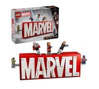 Lego 76313 logo e minifigure marvel con supereroi di hulk, thor, iron man, black widow e captain america, giochi bambini 12+