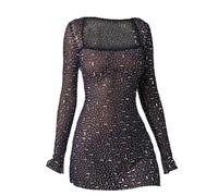 Legou Abiti da donna con paillettes strass semi trasparenti abiti a maniche lunghe corti blu reale L