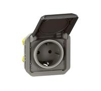 LEGRAND, Plexo 069571L - Presa per ambienti umidi, standard Schuko, con coperchio ribaltabile, protezione da contatto, morsetti a incastro, 16 A, 250 Volt, IP44 - IK08 (IP55 con coperchio chiuso),