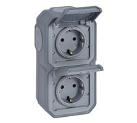 LEGRAND, Plexo New 069744L - Presa per ambienti umidi, standard Schuko, con coperchio ribaltabile, protezione da contatto, morsetti a incastro, pre-cablati, verticale, IP44 - IK07, colore: Grigio