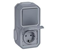 LEGRAND, Plexo New 069746L - Interruttore universale per ambienti umidi, 1 polo, con coperchio ribaltabile, IP44-IK07 (presa), IP55 - IK07 (interruttore), colore: Grigio