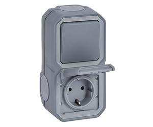 LEGRAND, Plexo New 069746L - Interruttore universale per ambienti umidi, 1 polo, con coperchio ribaltabile, IP44-IK07 (presa), IP55 - IK07 (interruttore), colore: Grigio