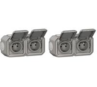 LEGRAND - Presa impermeabile doppia IP55 con Terra Plexo - Presa 2P+T 16A completa con persiana - Per posa in apparente - Montaggio orizzontale - Made in France - Grigio (Confezione da 2)