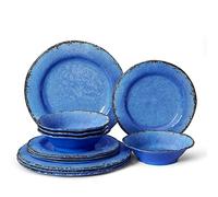 LEHAHA Set di stoviglie da 12 pezzi in melamina, senza BPA, per esterni, per 4 persone, un piatto rustico leggero e infrangibile per patio, camper e campeggio