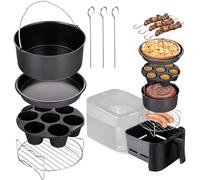 LEHMANN Accessori Friggitrice ad Aria, Compatibili con Cassetti fino a Ø17cm, Set da 7 Pezzi - 3x Spiedini in Metallo, Stampo in Silicone, 2x Teglie Antiaderente, Griglie