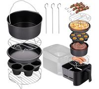 LEHMANN Accessori Friggitrice ad Aria, Compatibili con Cassetti fino a Ø17cm, Set da 8 Pezzi - 3x Spiedini in Metallo, Stampo in Silicone, 2x Teglie Antiaderente, 2x Griglie