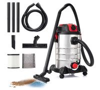 LEHMANN Bidone Aspirapolvere Industriale con Contenitore in Metallo 30L, 1500W, Aspira Solidi e Liquidi con Presa di Corrente, Funzione Soffiaggio, Filtro HEPA e Schiuma, Scuotifiltro, Argento
