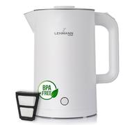 LEHMANN Bollitore Elettrico in Acciaio Inox, 1,7L, 2200W, Riscaldamento Rapido, Design a Doppia Parete, Base Girevole 360°, Spegnimento Automatico, BPA-free, per Tè, Caffè, Pappe, Biancoo
