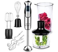 LEHMANN Chowmei Frullatore a Immersione 1200 W, Set 5-in-1 con Frusta, Sbattitore, Tritatutto 600 ml, Misurino 860 ml, Regolazione Velocità a 8 Livelli, Funzione Turbo, Senza BPA, Argento
