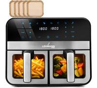 LEHMANN Friggitrice ad Aria Doppio Cestello 9L [2x4,5L], 2400W, Controllo WiFi, 12 Programmi & Regolazione Manuale 80-200°C, Schermo Touch, Air Fryer XXL ideale per le Famiglie Numerose con Bambini