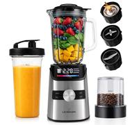 LEHMANN Frullatore Elettrico in Vetro 1,7 L, 10 Velocità, Pulse e 3 Programmi: Smoothie, Tritaghiaccio, Milkshake, Parti Lavabili in Lavastoviglie, Bottiglia Portatile e Macinino, 1400 W, Argento