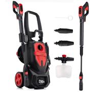 LEHMANN Idropulitrice Austin, Pressione 145 bar, 1800 W, Portata 450 l/h, Pompa in alluminio, Autoadescante, Raggio d'azione 10 m, Ugelli & Lancia Schiuma, per Auto, Esterni di Casa, Nero/Rosso