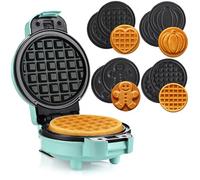 LEHMANN Mini Piastra per Waffle con Piastre Intercambiabili, Forme Zucca, Omino di pan di zenzero, Cuore e Classica, Rivestimento antiaderente - Ideale per le feste dei bambini, Verde Menta